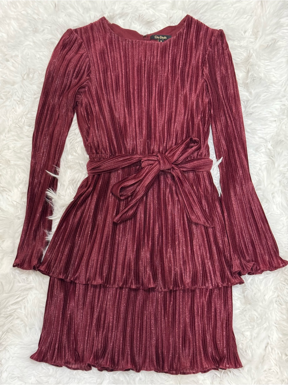 City Studio Burgundy Metallic Pleated Mini Dress S Long Sleeve Tie Waist Holiday